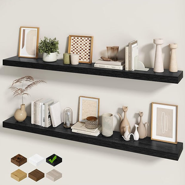 Fun Memories 60 Inch Fireplace Mantel - Long Floating Shelf, Wall Mounted Farmhouse Display with Invisible Heavy Duty Metal Bracket, Balck, 2 Pack