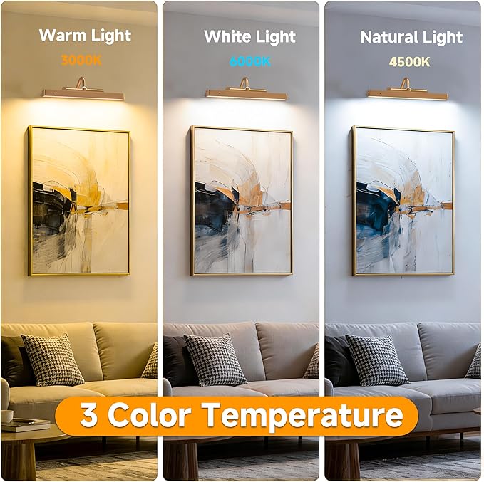 Gallery Picture Light for Wall, 4400mAh Brass Cordless Wireless LED Wall Sconce,Rechargeable Remote Dimmable Lighting for Modern Hallway Living Room Wall Decor(12 in, 2 Pack)