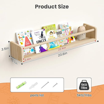 upsimples 2 Pack Nursery Book Shelves, 23.6 Inch Floating Bookshelves for Wall, Baby Nursery Decor, Small Solid Wood Wall Mounted Shelves for Baby Kids Boys Girls, Natural