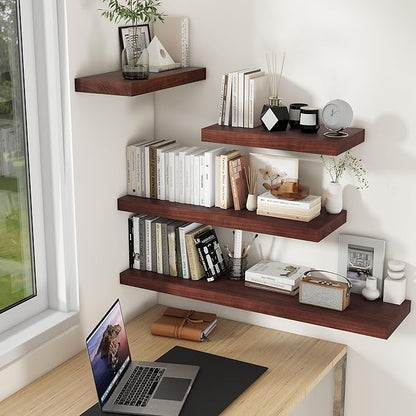 Fun Memories 9 Inch Deep Floating Shelves, Rustic Solid Wood Floating Shelf 30 Inch Long, 30 x 9 Wide Bathroom Shelves for Storage & Display, Red Brown