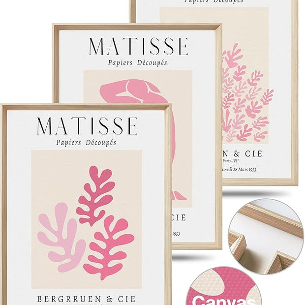 Framed Matisse Pink Canvas Wall Art,Abstract Matisse Canvas Wall Decor,16x12IN High Framed Wood Design Prints,Minimalist Wood Frame Posters for Living Room,Bedroom,Bathroom Set of 3