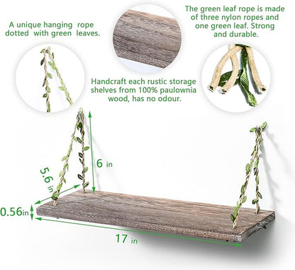 MITIME Leaf Rope Hanging Floating Shelves, Wall Swing Storage Shelf for Home Decor.17, 3-Pack (Retro Color)
