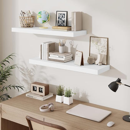 Fun Memories Floating Shelves Set of 2, 36 Inch Long Wooden Wall Shelves, 10 Inch Deep Wall Mounted Storage Shelf with Metal Brackets for Living Room, Bathroom, Bedroom and Kitchen, White