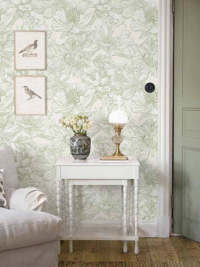 Ismoon Vintage Floral Wallpaper Peel and Stick Beige and Green Contact Paper 17.3inx32.75ft Removable Self Adhesive Wall Paper for Bathroom Bedroom Cabinet Mural Wall Decor Vinyl Renter Friendly