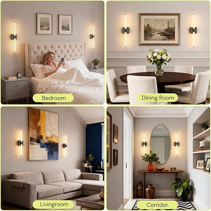 L LOHAS LED Battery Operated Wall Sconces Set of 2, 10000mAh Black Battery Wall Sconce 360 Full Lighting, 3000K Dimmable Wireless Wall Light, Sconce Wall Decor for Bathroom, Bedroom, Living Room, 24in