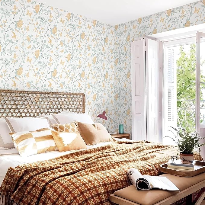Vintage Wallpaper Floral Peel and Stick Wallpaper Boho Light Blue and Yellow Wall Paper Bird Botanical Contact Paper for Cabinets Renter Friendly Self-Adhesive Bathroom Bedroom 1.44' x 32'
