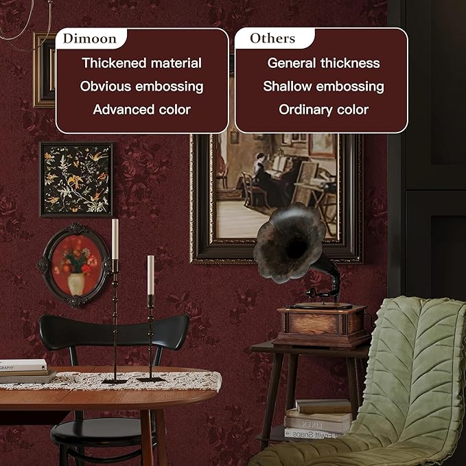 Dimoon 17.7''x236.2''Dark Red Peel and Stick Wallpaper Gothic Floral Wall Paper Contact Paper Closeout Renter Friendly Modern Self Adhesive(236.2''x17.7'', Dark Red Floral Textured)