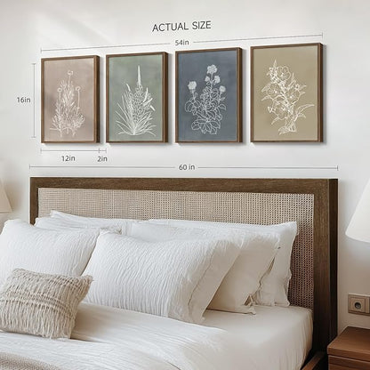Framed Boho Botanical Wall Art for Living Room, 4 Piece Rustic Floral Canvas Painting Prints, Vintage Minimalist Neutral Flower Artwork for Modern Farmhouse Bedroom Dining Room Office Wall Decor