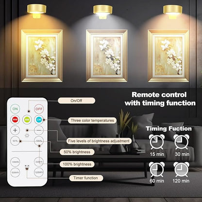 TTQ 4 PCS Magnetic Picture Lights for Wall Battery Operated,Wall Painting Light with Wireless Control,Art Display Light,Wall Decor Puck Lights for Picture Frame Portrait Artworking