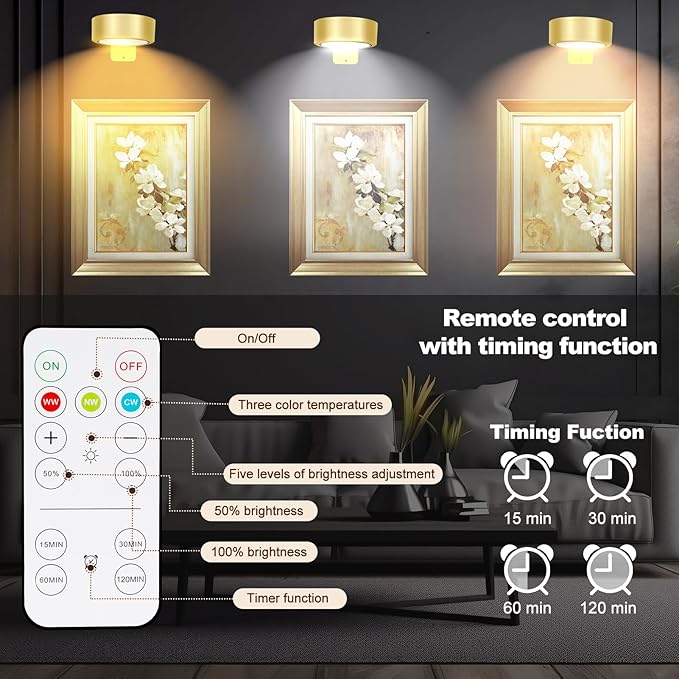 TTQ 4 PCS Magnetic Picture Lights for Wall Battery Operated,Wall Painting Light with Wireless Control,Art Display Light,Wall Decor Puck Lights for Picture Frame Portrait Artworking