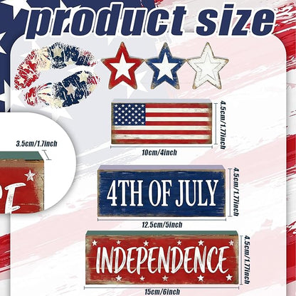 4th of July Table Decorations Patriotic Memorial Day Tiered Tray Decor Wooden American Flag Star Block Signs Independence Farmhouse 250th July Fouth Centerpiece for Tables Wooden Sign for Home Decor