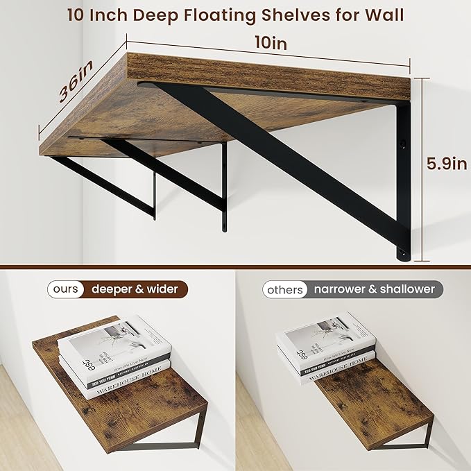 Axeman Deep Floating Shelves | 36 Inch Brown Wall Shelves Set of 2 | 10 Inch Deep Wood Floating Shelves for Wall | 36