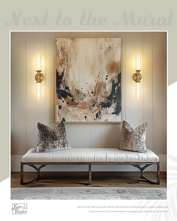Ken & Ricky 24In Wall Sconces Set of Two, Brushed Gold Bathroom Sconces Wall Lighting with Clear Glass, Vanity Lights for Bathroom Bedroom Living Room Hallway KR3376-W-BG-2PK
