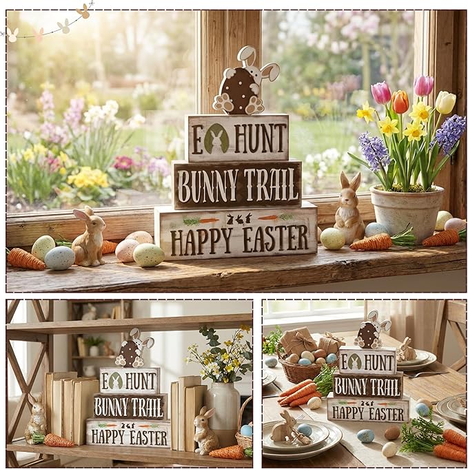 Easter Decorations, 4 Pcs Wooden Easter Table Decorations, Rustic Bunny Tiered Tray Decor, Wooden Table Sign for Desk Shelf Mantel Coffee Bar, Indoor Home Decor