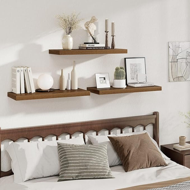 Fun Memories 12 Deep Floating Shelves for Wall | 30W x 12D Large Floating Shelves | 3 Pack Storage Space Wall Mount Shelf for Living Room Bathroom Toilet Laundry Room Kitchen Home Office - Walnut