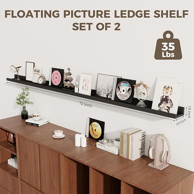 Axeman 72 Inch Floating Shelves | Picture Ledge Shelf Set of 2 | Black Wall Shelves with Lip | Black Picture Shelf for Wall with Ledge | Photo Ledges 72 Inch