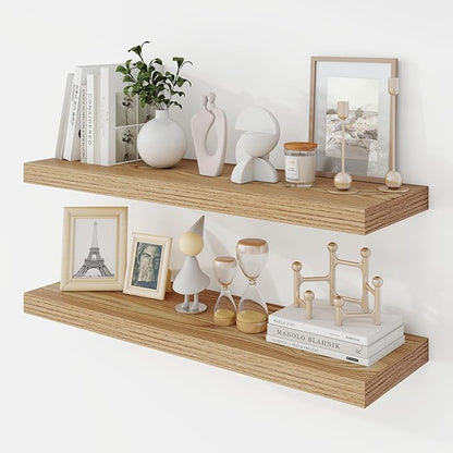 30 Inch Floating Shelves, 9.3" Deep Floating Shelf Wall Mounted, 30" Wall Shelves, Rustic Deep Bookshelf, Large Display Shelves & Storage Shelves for Bedroom, Living Room, Light Brown, Set of 2