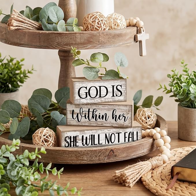 4 Pcs Christian Table Decor Inspirational Religious Gifts for Women God Is Within Her Bible Verse Wooden Block Signs Gift Farmhouse Christian Centerpiece for Mother's Day Home & Office