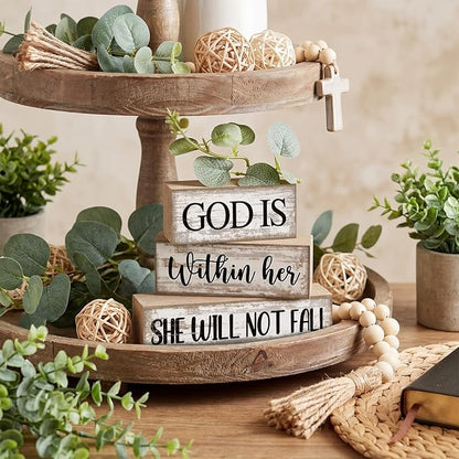 4 Pcs Christian Table Decor Inspirational Religious Gifts for Women God Is Within Her Bible Verse Wooden Block Signs Gift Farmhouse Christian Centerpiece for Mother's Day Home & Office