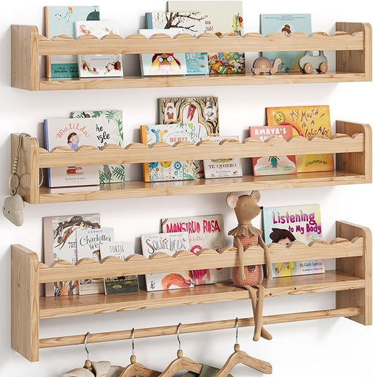 Nursery Book Shelves, Scalloped Shelves, Floating Book Shelves for Wall, Nursery Deocr for Baby, Toddler(Wood, 23 Inches)