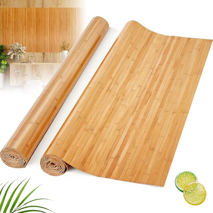 Juexica 2 Pcs Natural Bamboo Wall Panel 4 x 2 ft Bamboo Covering Renewable Pole Wrap Fencing Wainscoting Room Divider for Interior Wall Decoration Bedroom Living Room Ceiling Tiles Outdoor Kitchen