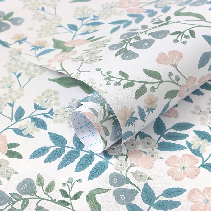 Floral Peel and Stick Wallpaper Boho Blue Floral Contact Paper Vintage Pink Flower Wallpaper Self Adhesive Removable Wall Paper for Bedroom Bathroom Cabinets Waterproof Vinyl Roll 17.3"x78.7"