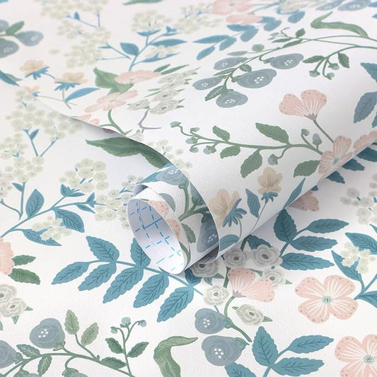 Floral Peel and Stick Wallpaper Boho Blue Floral Contact Paper Vintage Pink Flower Wallpaper Self Adhesive Removable Wall Paper for Bedroom Bathroom Cabinets Waterproof Vinyl Roll 17.3"x78.7"