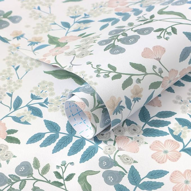 Floral Peel and Stick Wallpaper Boho Blue Floral Contact Paper Vintage Pink Flower Wallpaper Self Adhesive Removable Wall Paper for Bedroom Bathroom Cabinets Waterproof Vinyl Roll 17.3"x78.7"