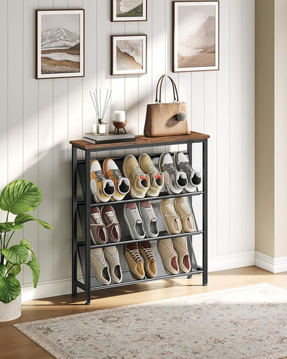Shoe Rack, 4-Tier Slanted Shoe Storage Shelf, Narrow Shoe Rack for Entryway, Shoe Organizer with Adjustable Feet, Slim Shoe Shelf with Wooden Top and Metal Frame Rustic Brown and Black TXJ75BF
