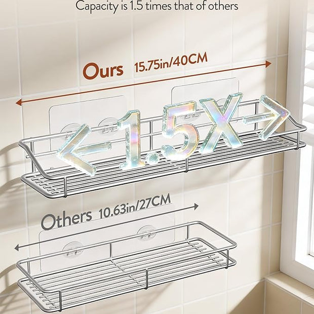 Orimade Bathroom Shelf Organizer Shower Caddy Storage Kitchen Rack with Traceless Transparent Adhesive No Drilling SUS304 Stainless Steel, 15.75 inch, Silver