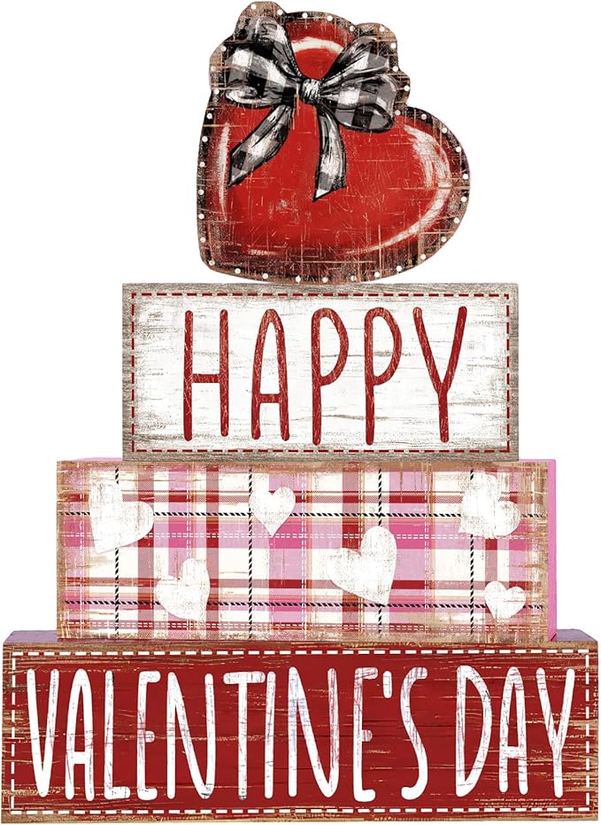 DIYDEC 4Pcs Valentine's Day Table Decoration Valentine Heart Wooden Block Signs Rustic Valentines Tiered Tray Decor Happy Valentine's Day Centerpiece Sign for Farmhouse Holiday Tabletop Party Decor