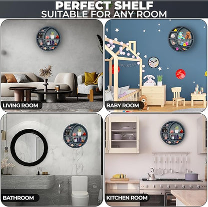 Wooden Crescent Moon Shelf Wall Decor - Decorative Boho Home Hanging Display Shelf for Bedroom, Dorm, Nursery - Easy Mount Storage for Crystals and Essential Oils - 14 x 14 x 3.5 (Navy)