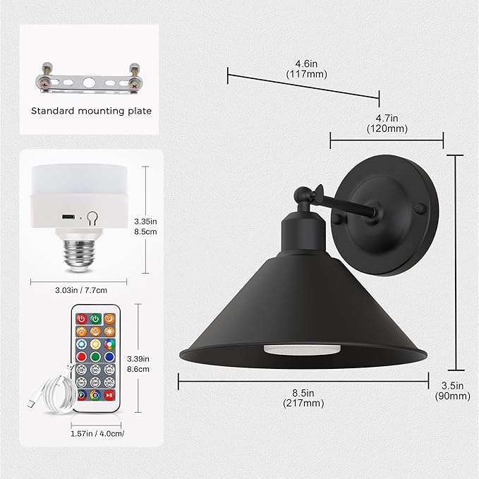 DORESshop Black Vintage Battery Operated Wall Sconces Set of 2, Wireless Battery Powered Wall Lights with Remote Control, Rechargeable Wall Sconce for Living Room, Bedroom Farmhouse