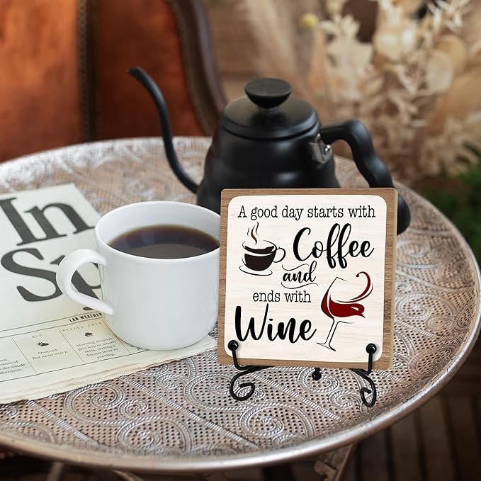 Coffee And Wine Desk Decor Sign, Rustic Wooden Sign With Stand, A Good Day Starts With Coffee And Ends With Wine Sign For Farmhouse Home Kitchen Bar Shelf Table, Gifts For Family Friend Coworker-05
