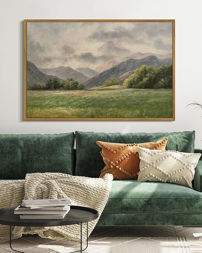 SHENIFY Landscape 16x24in Large Vintage Framed Canvas Wall Art Classical Prairie and Mountain Prints Farmhouse Bathroom Office Decor - Natural Framed