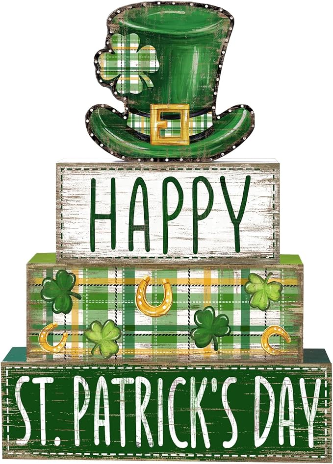 DIYDEC 4Pcs St.Patrick's Day Table Decoration Shamrocks Hat Wooden Block Signs Rustic St. Patrick Tiered Tray Decor Happy St.Patrick's Day Centerpiece Sign for Farmhouse Holiday Tabletop Party Decor