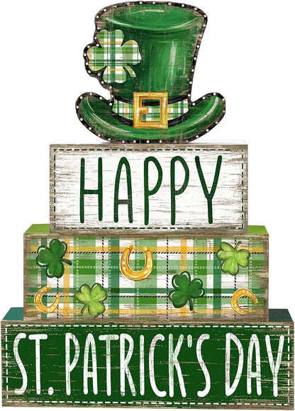 DIYDEC 4Pcs St.Patrick's Day Table Decoration Shamrocks Hat Wooden Block Signs Rustic St. Patrick Tiered Tray Decor Happy St.Patrick's Day Centerpiece Sign for Farmhouse Holiday Tabletop Party Decor