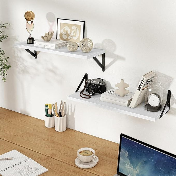 Floating Shelves, 8 Inch Deep Rustic Wood Wall Storage, 24W x 8D Wall Shelves Set of 2, Heavy Duty Metal Brackets, Industrial Book Shelf for Living Room, Kitchen, Bathroom, Bedroom, White