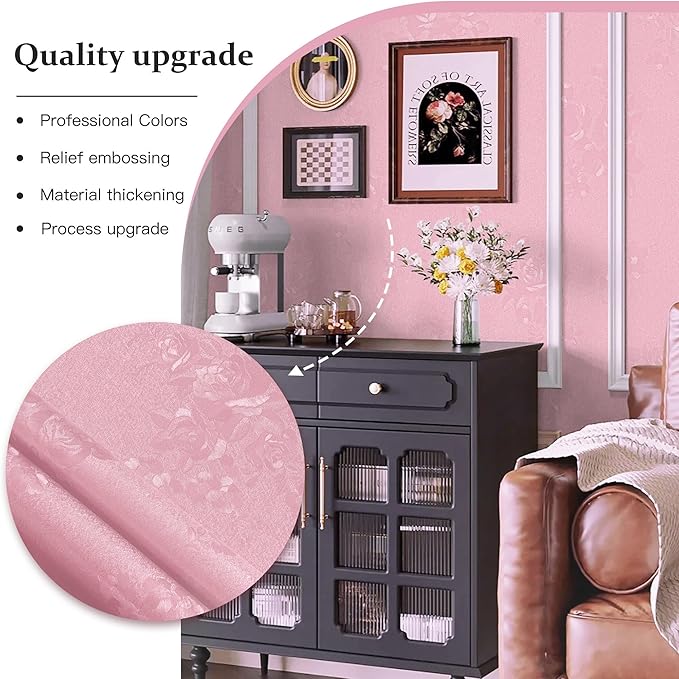 Dimoon 17.7''x78.7''Pink Peel and Stick Wallpaper Gothic Floral Wall Paper Contact Paper Closeout Renter Friendly Modern Self Adhesive(78.7''x17.7'', Pink Floral Textured)