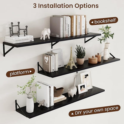 Axeman Floating Shelves for Wall Black- 55 Inch Wide x 12 Inch Deep Wall Shelves Set of 2 - Black Deep Wood Floating Shelves for Living Room Bedroom Laundry Room