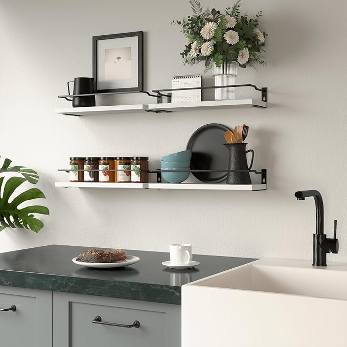 RICHER HOUSE White Bathroom Floating Wall Shelf Set of 4, Small Organizer Over Toilet Storage, Guard-Rail Kitchen Shelves - White