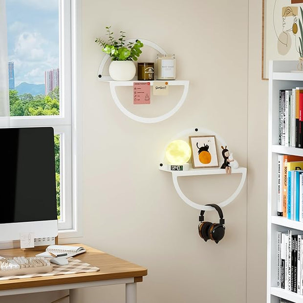 Floating Wall Shelves Set of 2, 11.8 Inch Round Metal Shelves for Wall Decor, One-Tier Small Display Shelf for Bedroom, Living Room, Bathroom, Kitchen Storage & Decoration, White