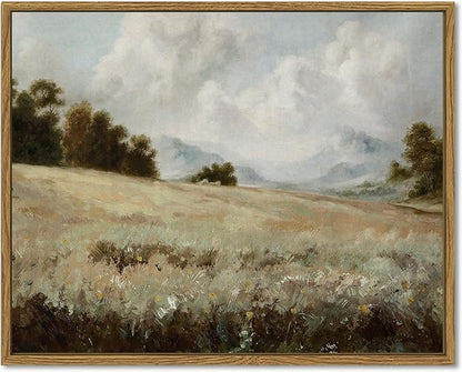 SHENIFY Vintage Landscape Framed Canvas Wall Art Grassland Classic Paintings Farmhouse Bathroom Office Decor - 11x14in Natural Framed