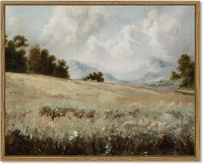 SHENIFY Vintage Landscape Framed Canvas Wall Art Grassland Classic Paintings Farmhouse Bathroom Office Decor - 11x14in Natural Framed