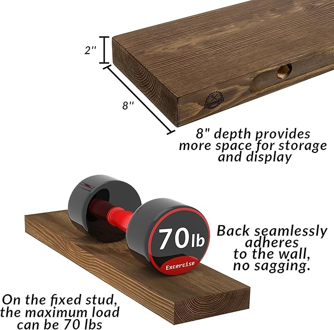 Solid Wood Floating Shelves 48 Inch, Walnut Floating Shelf for Wall Mounted, Solid Wooden Wall Shelves for Living Room Bedroom & Kitchen, Heavy Duty Bracket,Walnut Finish, 48 x 8x2, Set of 2