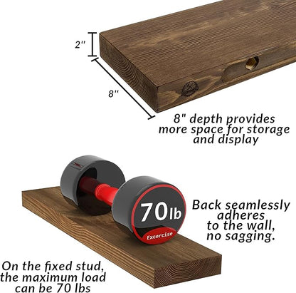 Walnut Floating Shelves 60 inch Long for Wall,Heavy Duty Rustic Wood Wall Mounted Shelves for Living Room Kitchen 8-inch deep Set of 1,with Sturdy Metal Hidden Bracket