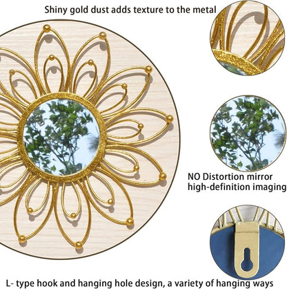 Mirror Wall Decor Gold Mirrors for Wall Metal Sunburst Mirrors Home Decoration Wall Art Decorative Mirror Suitable for Living Room Bedroom Entrance Set of 3