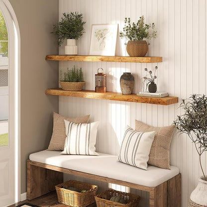 Live Edge Floating Shelf 55 Inch Extra Long | Solid Rustic Elm Wood with Invisible Brackets | Wall Mounted Shelf for Living Room, Kitchen, Bathroom | Natural