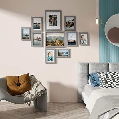 Vittanly 10 Pack Picture Frames Collage Wall Decor, Gallery Wall Frame Set for Wall or Tabletop Display, Engineered Wood and Shatter-resistant Plexiglass, Multi Sizes with 8x10, 5x7, 4x6 Frames, Grey