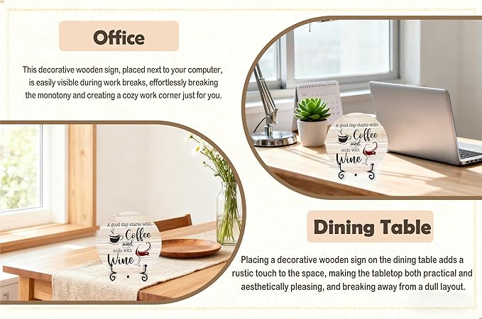 Coffee And Wine Desk Decor Sign, Rustic Funny Wooden Box Plaque, A Good Day Starts With Coffee And Ends With Wine Wood Sign, Decor For Home Kitchen Table Top, Wooden Round With Stand-23